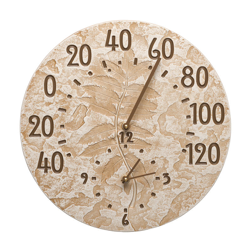 Fossil Sumac 14" Indoor Outdoor Wall Clock & Thermometer - Weathered Limestone