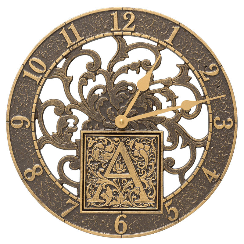 Silhouette Monogram 12" Personalized Indoor Outdoor Wall Clock - French Bronze