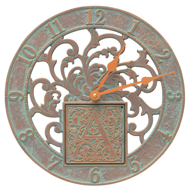 Silhouette Monogram 12" Personalized Indoor Outdoor Wall Clock - Copper Vedigris