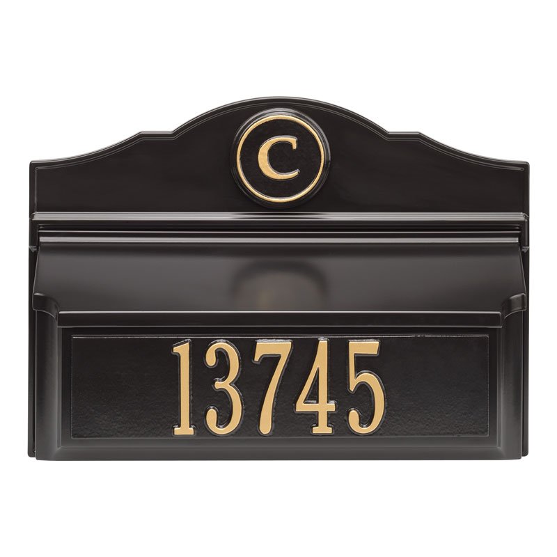 Colonial Wall Mailbox Package #1 (Mailbox, Plaque & Monogram) - Black/Gold