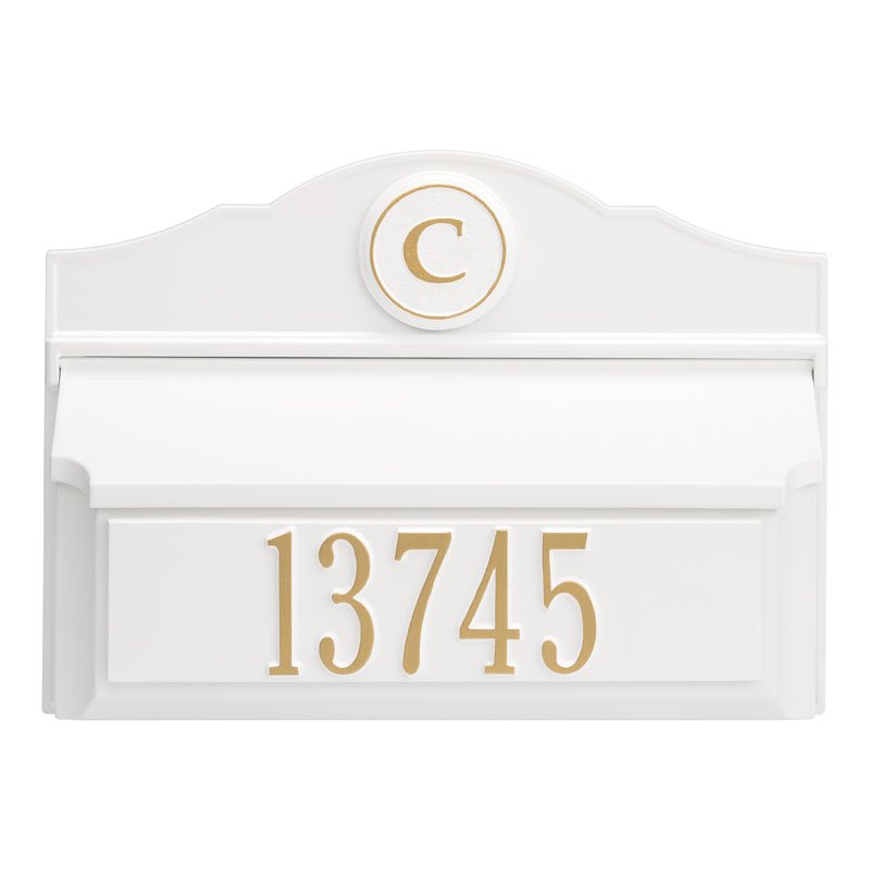 Colonial Wall Mailbox Package #1 (Mailbox, Plaque & Monogram) - White/Gold
