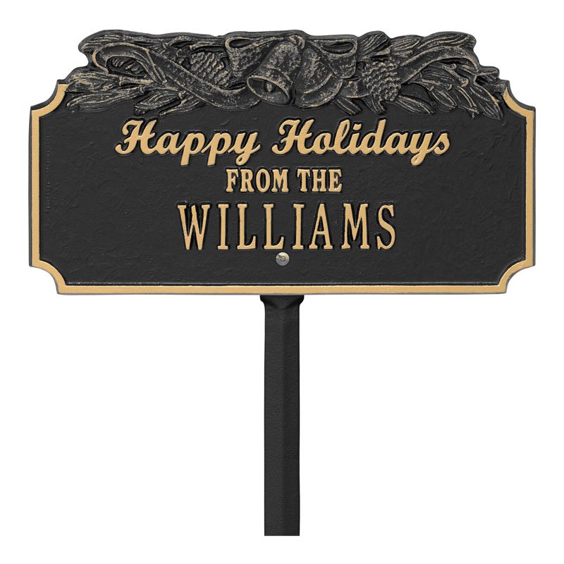 "Happy Holidays" Bells Personalized Lawn Plaque - Black/Gold