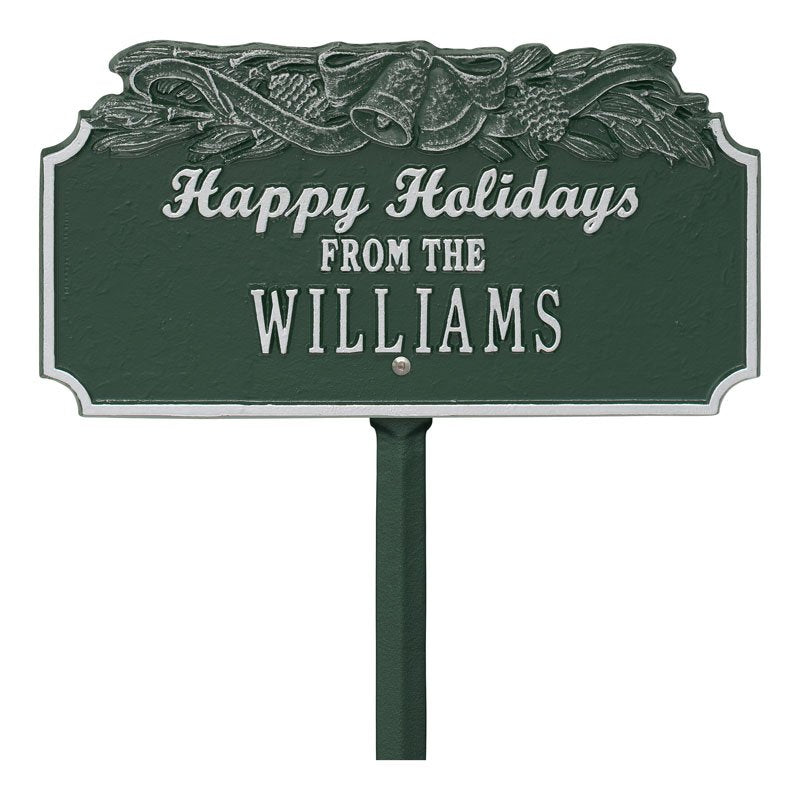 "Happy Holidays" Bells Personalized Lawn Plaque - Green/Silver