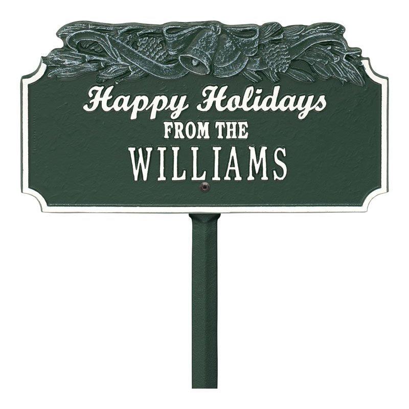 "Happy Holidays" Bells Personalized Lawn Plaque - Green/White