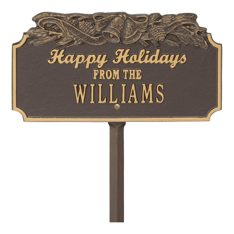 "Happy Holidays" Bells Personalized Lawn Plaque - Bronze/Gold