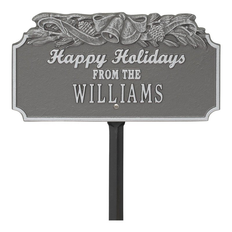 "Happy Holidays" Bells Personalized Lawn Plaque - Pewter/Silver