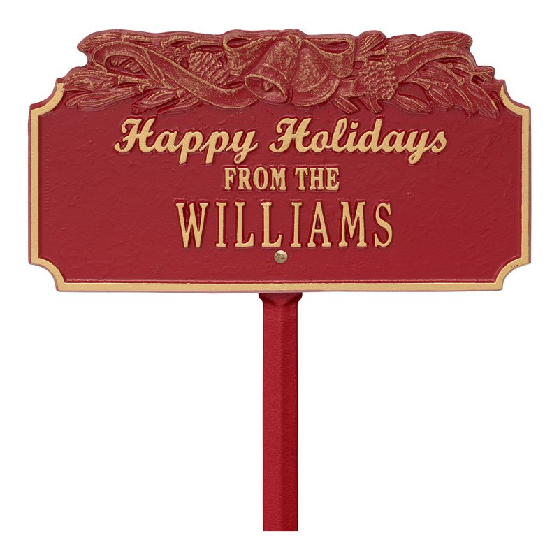 "Happy Holidays" Bells Personalized Lawn Plaque - Red/Gold