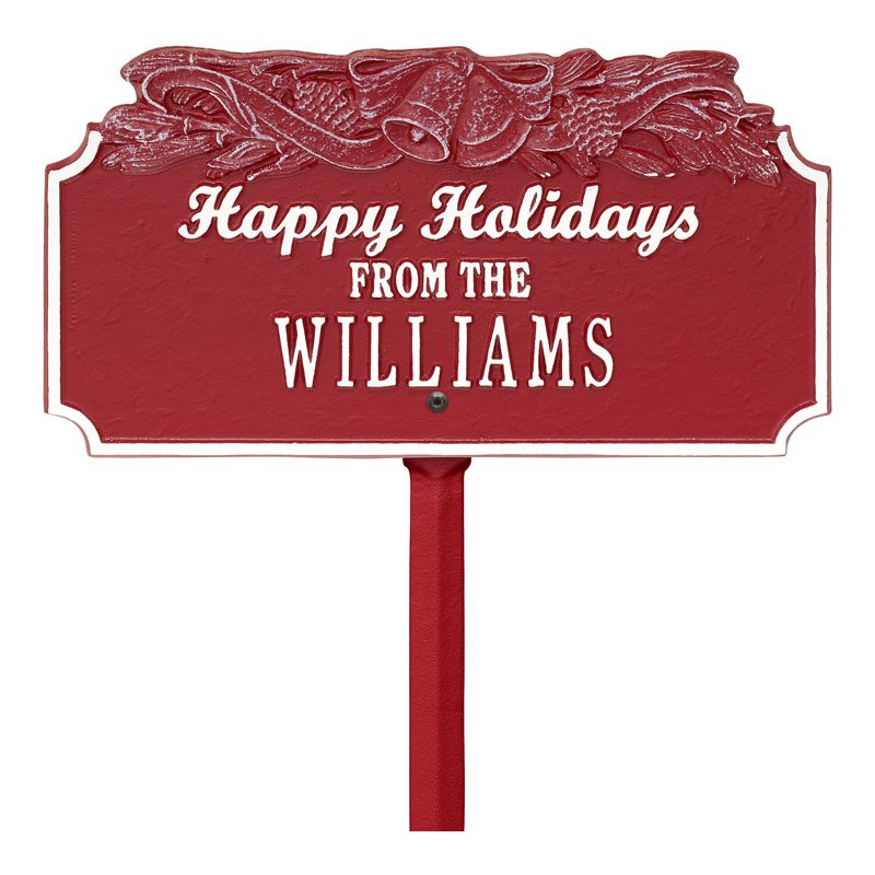 "Happy Holidays" Bells Personalized Lawn Plaque - Red/White