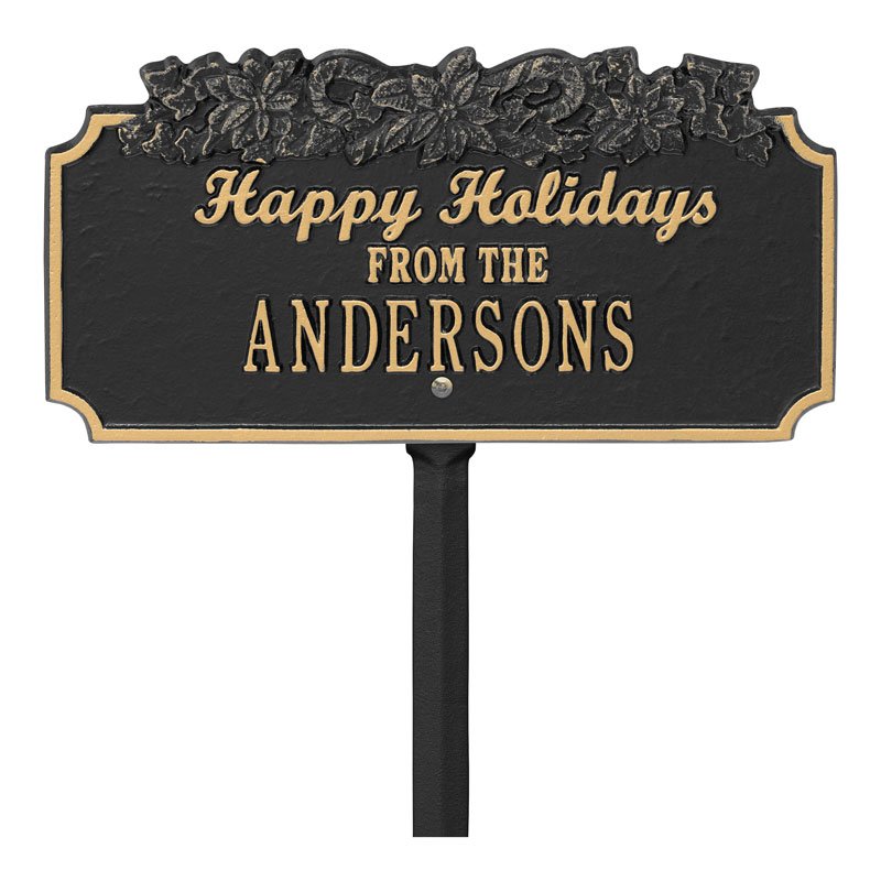 "Happy Holidays" Candy Canes Personalized Lawn Plaque - Black/Gold