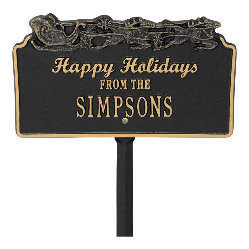 "Happy Holidays" Sleigh Personalized Lawn Plaque - Black/Gold