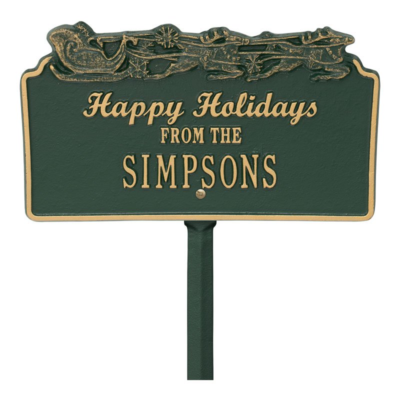 "Happy Holidays" Sleigh Personalized Lawn Plaque - Green/Gold