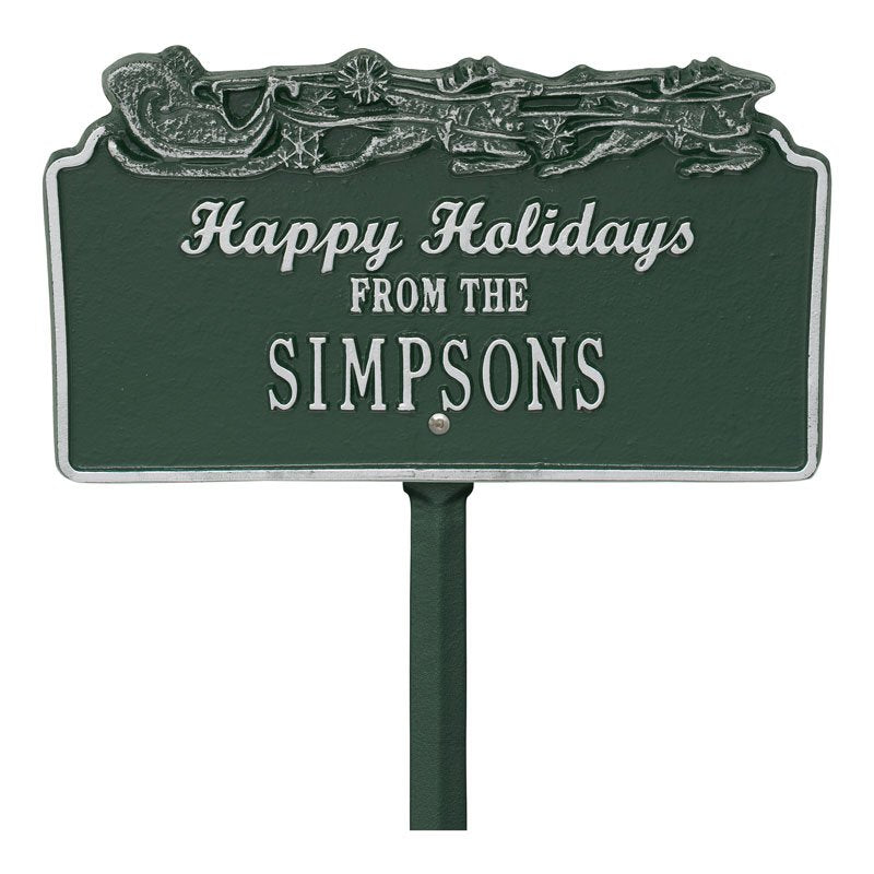 "Happy Holidays" Sleigh Personalized Lawn Plaque - Green/Silver