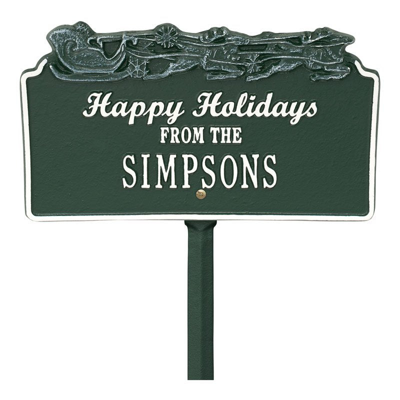 "Happy Holidays" Sleigh Personalized Lawn Plaque - Green/White