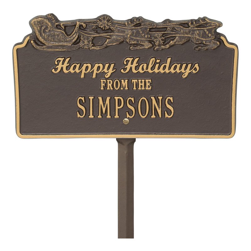 "Happy Holidays" Sleigh Personalized Lawn Plaque - Bronze/Gold