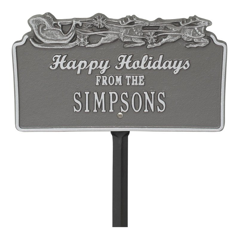 "Happy Holidays" Sleigh Personalized Lawn Plaque - Pewter/Silver