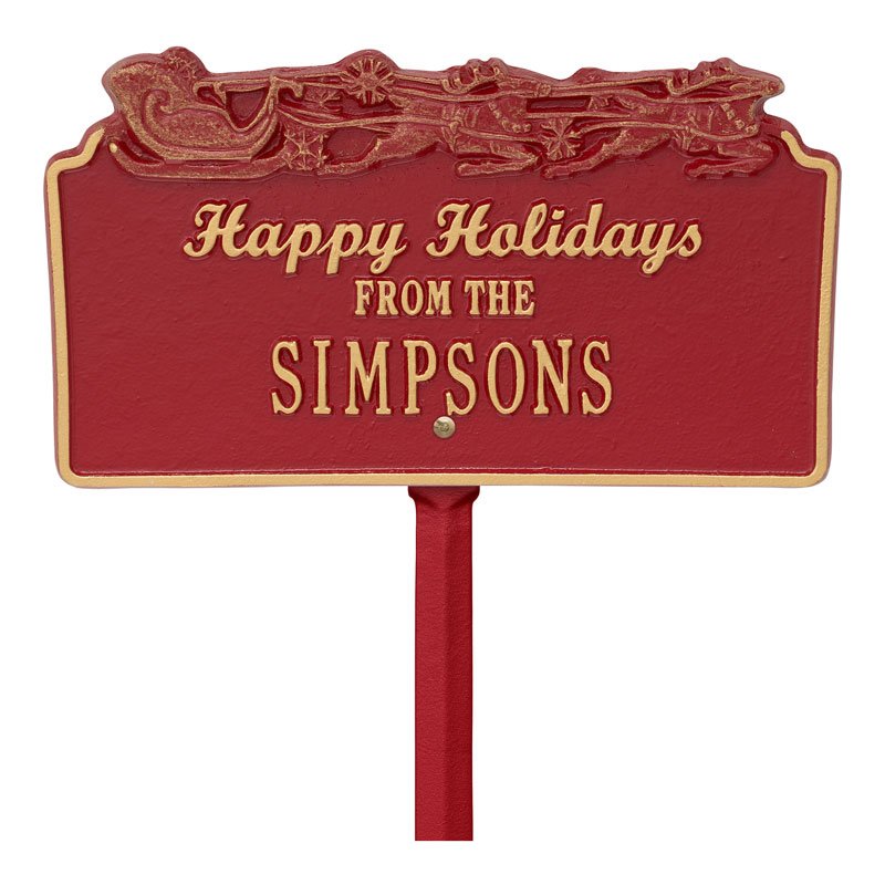 "Happy Holidays" Sleigh Personalized Lawn Plaque - Red/Gold