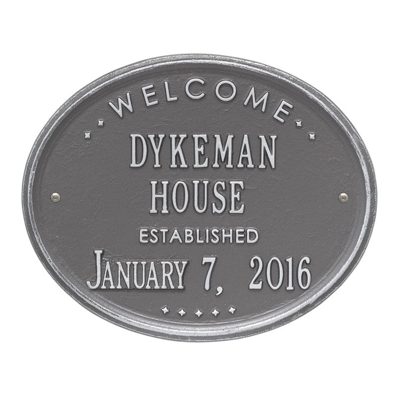 Welcome Oval "HOUSE" Established Personalized Plaque - Pewter/Silver