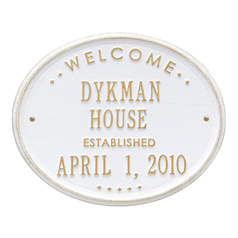 Welcome Oval "HOUSE" Established Personalized Plaque - White/Gold