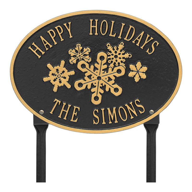 Snowflake Oval Personalized Lawn Plaque - Black/Gold