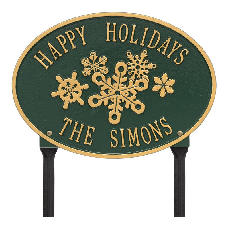 Snowflake Oval Personalized Lawn Plaque - Green/Gold