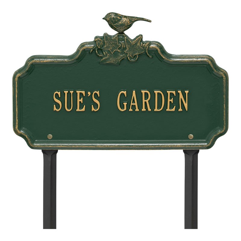 Chickadee Ivy Garden 1-Line Personalized Lawn Plaque - Green/Gold