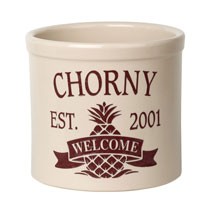 Personalized Pineapple Established / Welcome 2 Gallon Crock - Red Engraving / Bristol Crock