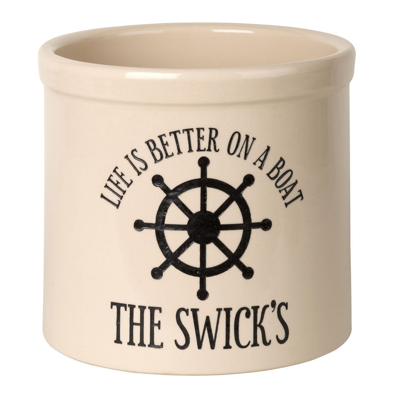 Personalized Life is Better on a Boat Crock - Bristol Crock with Black Etching