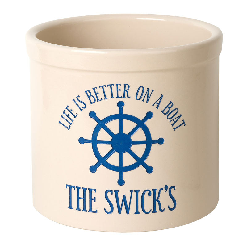 Personalized Life is Better on a Boat Crock - Bristol Crock with Dark Blue Etching