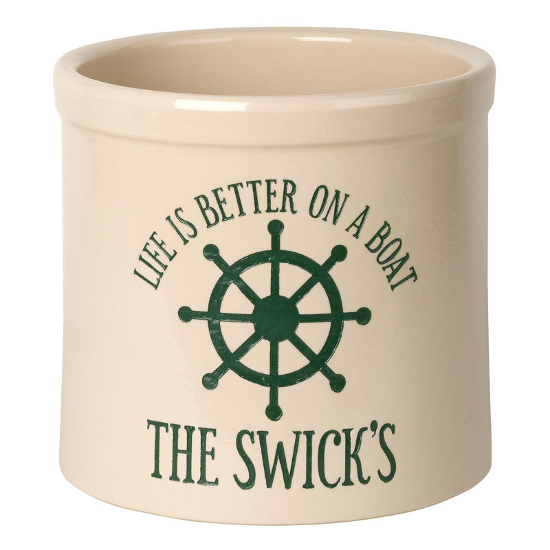 Personalized Life is Better on a Boat Crock - Bristol Crock with Green Etching