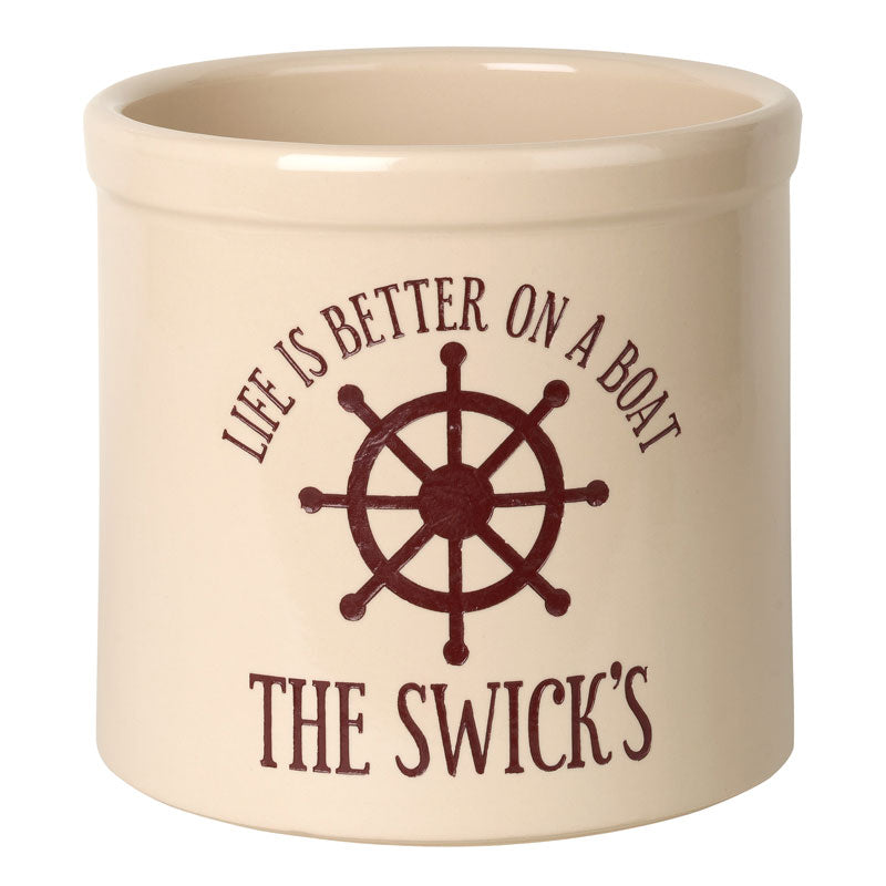 Personalized Life is Better on a Boat Crock - Bristol Crock with Red Etching