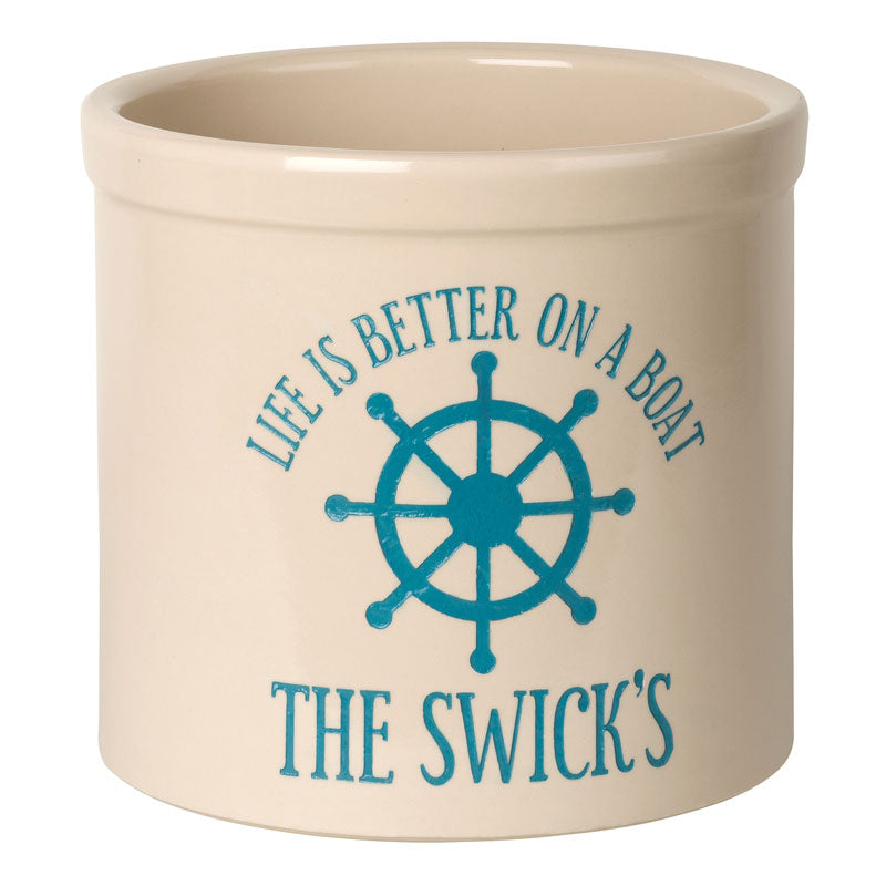 Personalized Life is Better on a Boat Crock - Bristol Crock with Sea Blue Etching