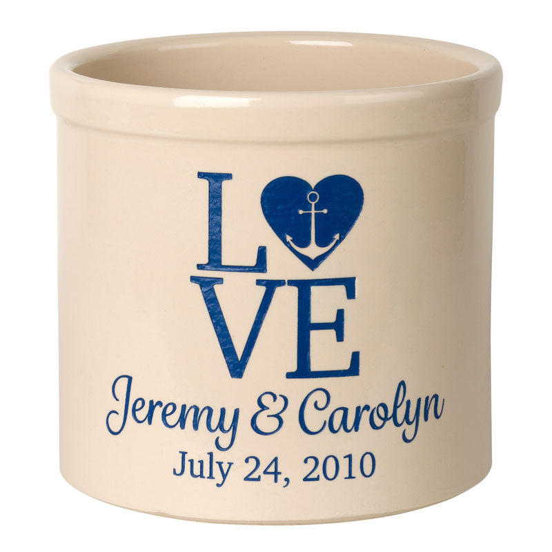 Personalized Love Anchor Crock - Bristol Crock with Dark Blue Etching
