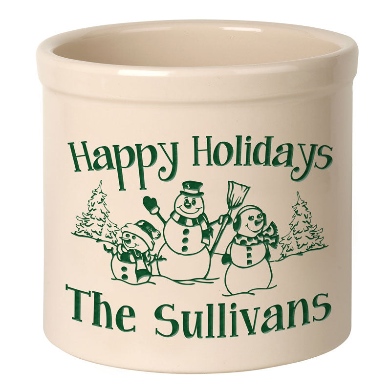 Personalized Snowman Family 2 Gallon Stoneware Crock - Green Engraving / Bristol Crock