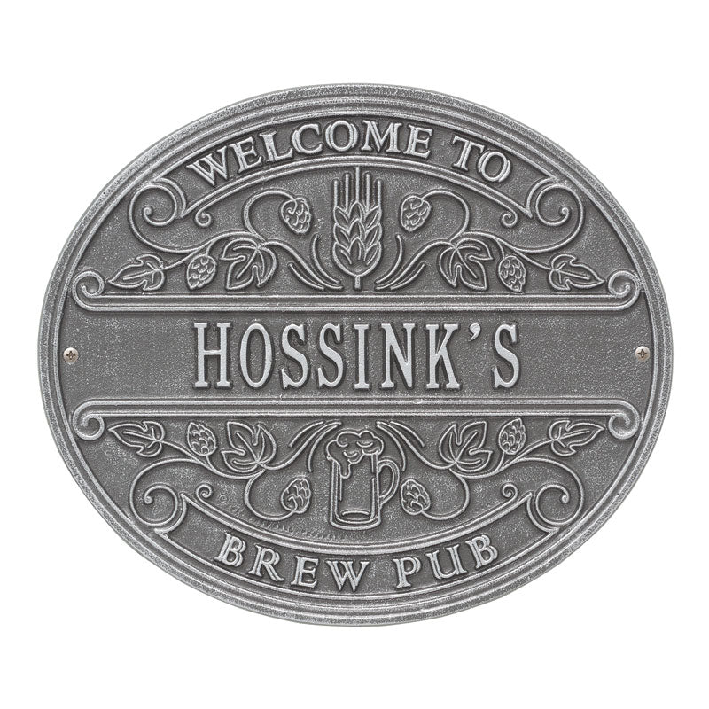 Brew Pub Welcome Plaque, Standard Wall 1-line - Pewter/Silver
