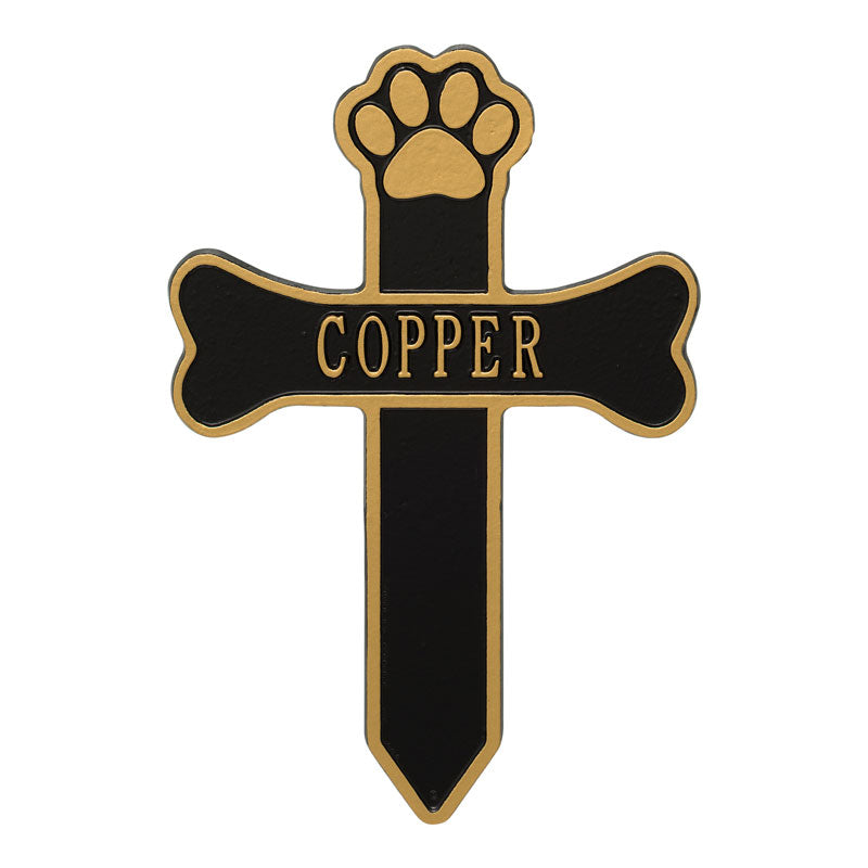 Dog Paw and Bone Personalized Memorial Cross - Black/Gold