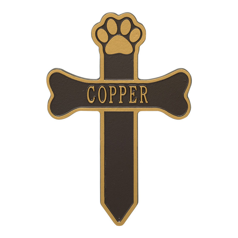 Dog Paw and Bone Personalized Memorial Cross - Bronze/Gold