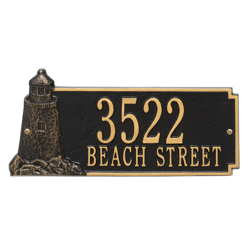 Personalized Lighthouse Rectangle Plaque - Two Lines - Black/Gold