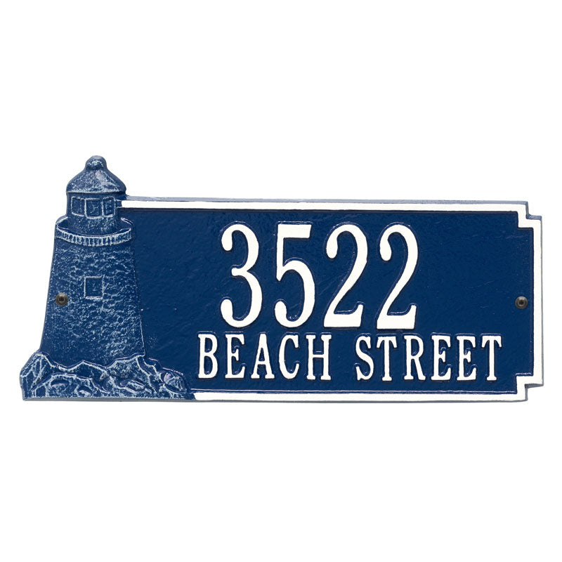 Personalized Lighthouse Rectangle Plaque - Two Lines - Blue/White