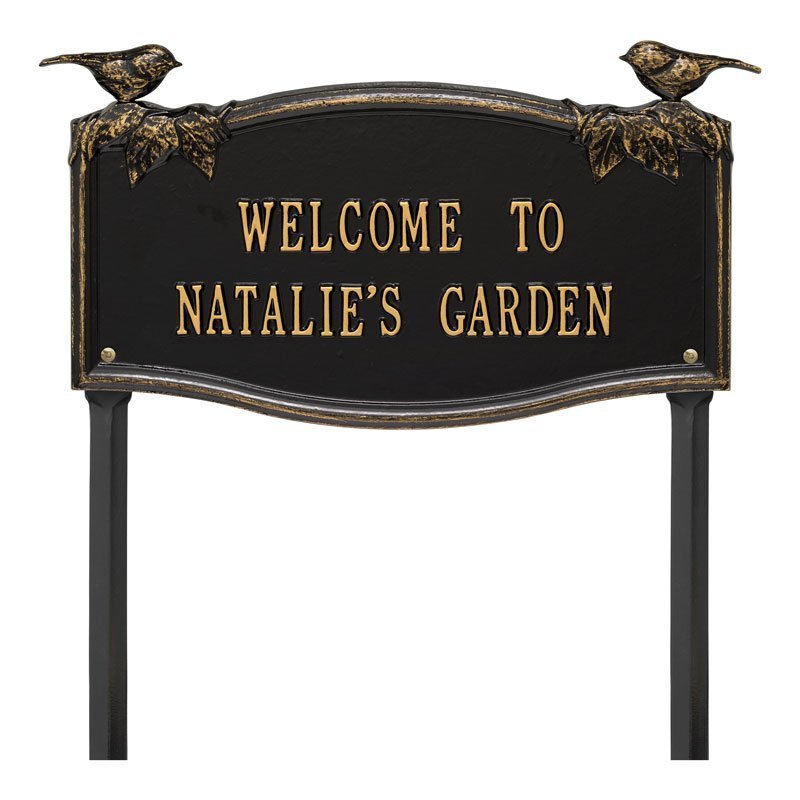Vine Chickadee Garden Personalized Lawn Plaque - Black/Gold