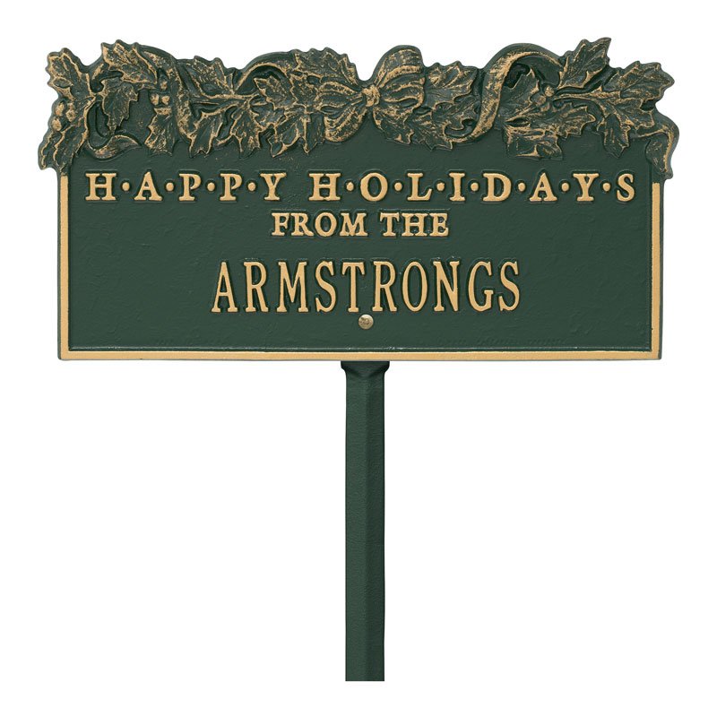 "Happy Holidays" Holly Personalized Lawn Plaque - Green/Gold