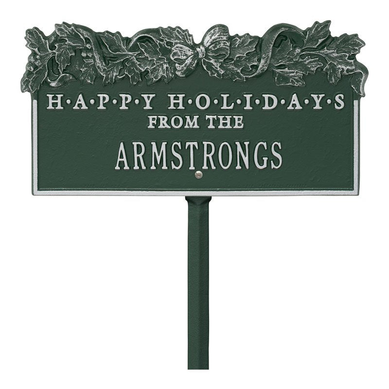 "Happy Holidays" Holly Personalized Lawn Plaque - Green/Silver