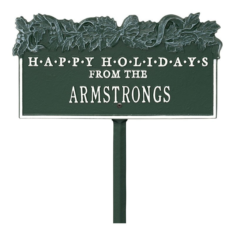 "Happy Holidays" Holly Personalized Lawn Plaque - Green/White