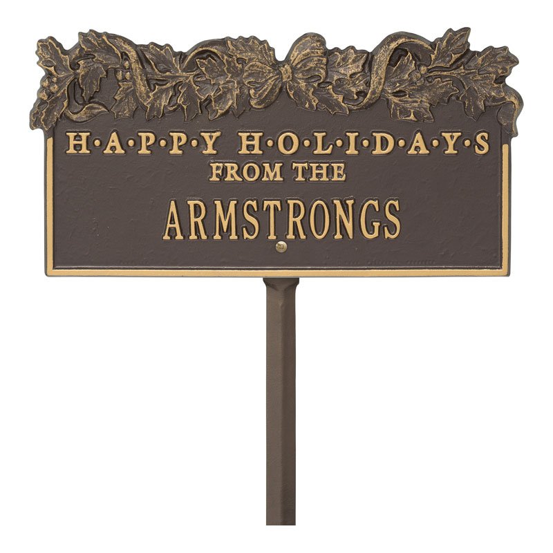 "Happy Holidays" Holly Personalized Lawn Plaque - Bronze/Gold
