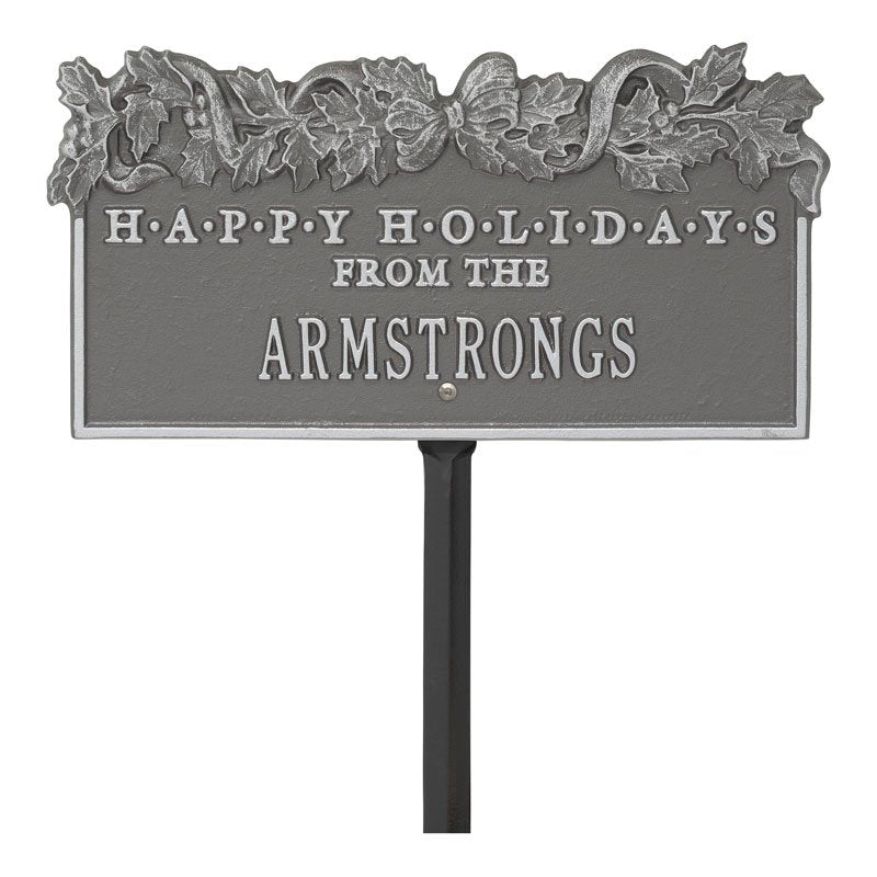 "Happy Holidays" Holly Personalized Lawn Plaque - Pewter/Silver