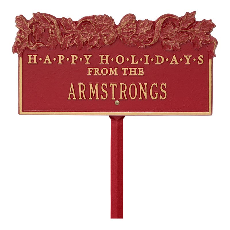 "Happy Holidays" Holly Personalized Lawn Plaque - Red/Gold
