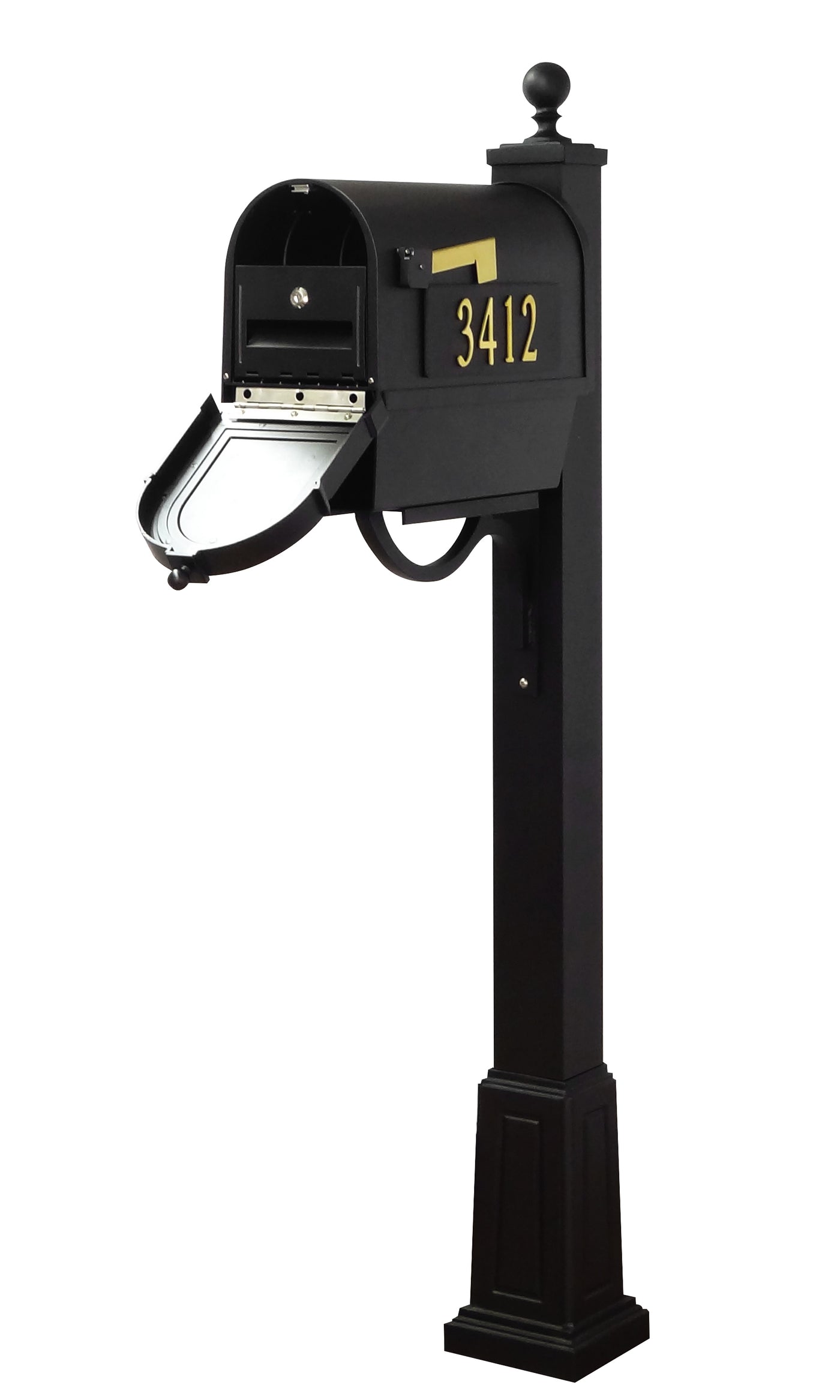 Berkshire Curbside Mailbox with Front and Side Numbers, Newspaper Tube, Locking Insert and Springfield Mailbox Post with Base