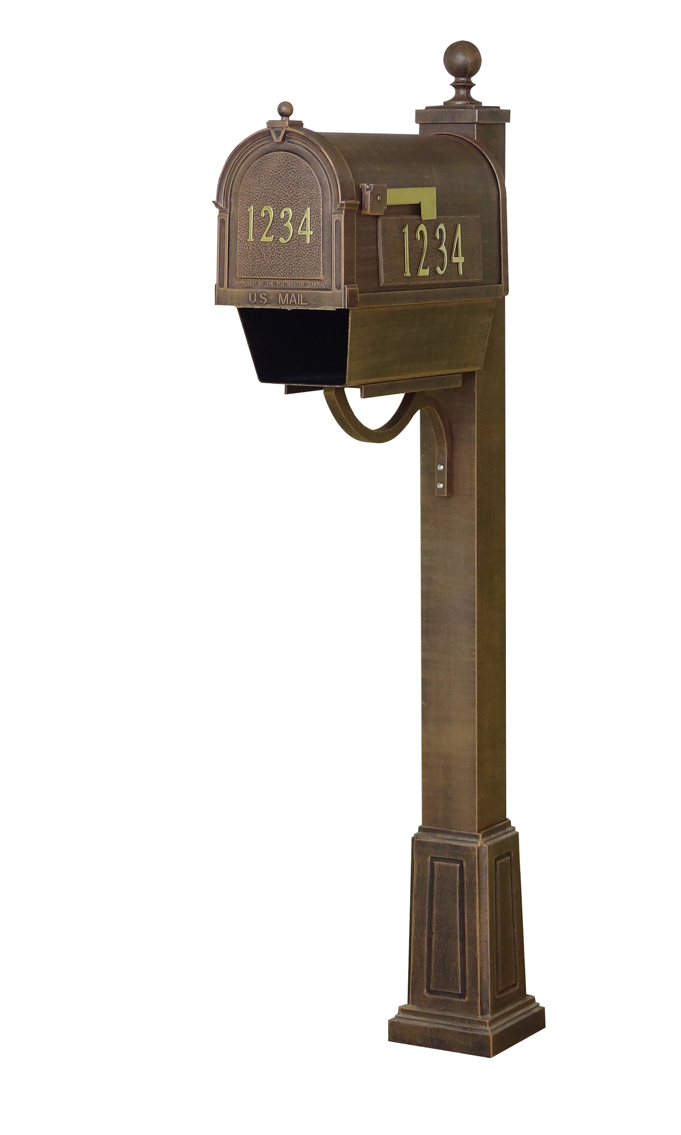 Berkshire Curbside Mailbox with Front and Side Numbers, Newspaper Tube and Springfield Mailbox Post with Base